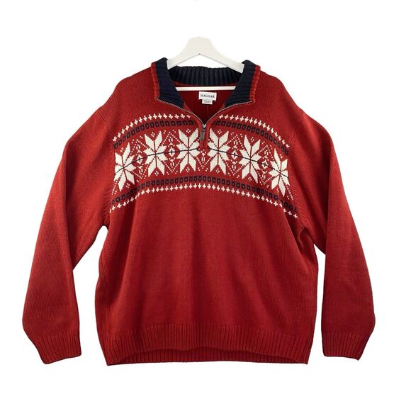 Haggar Sweater Mens XXL Red Fair Isle 1/4 Zip Festive Knit Long Sleeved Ski Lodg